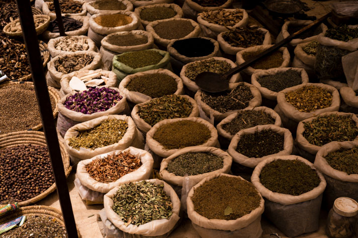 Market stand with spices in sacks